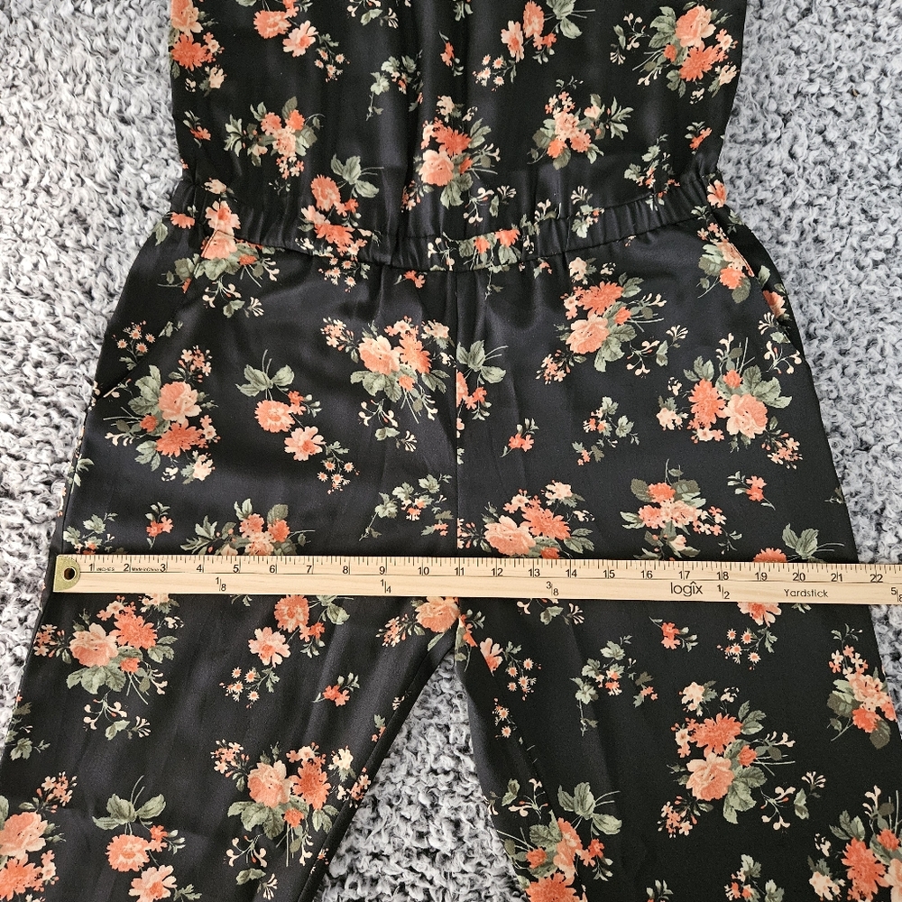 Black Floral Satin Jumpsuit M Medium Sleeveless Jogger Pant Women's Romper - Picture 11 of 14